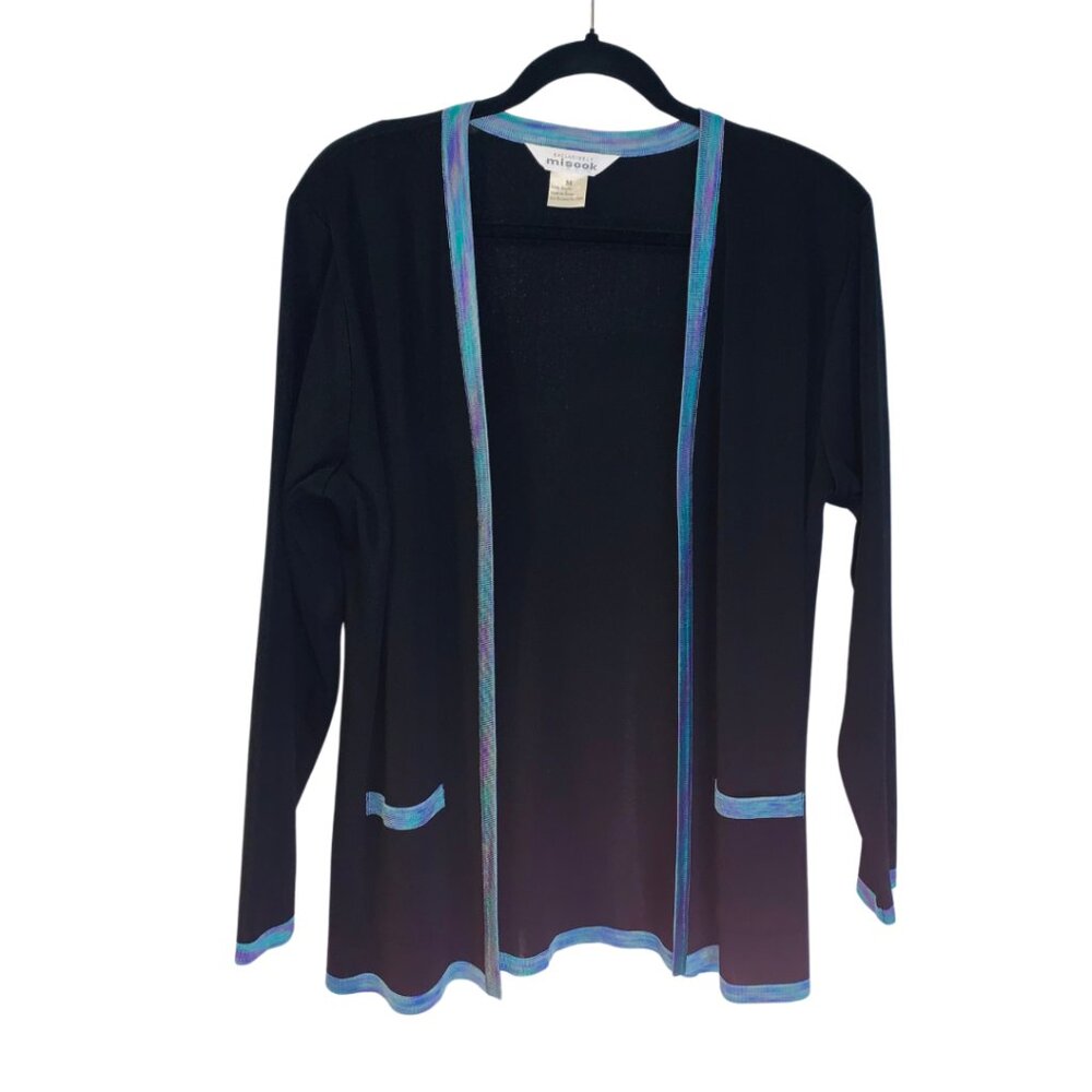 Exclusively Misook Open Cardigan Women's Size M Black Pastel Pockets Travel
